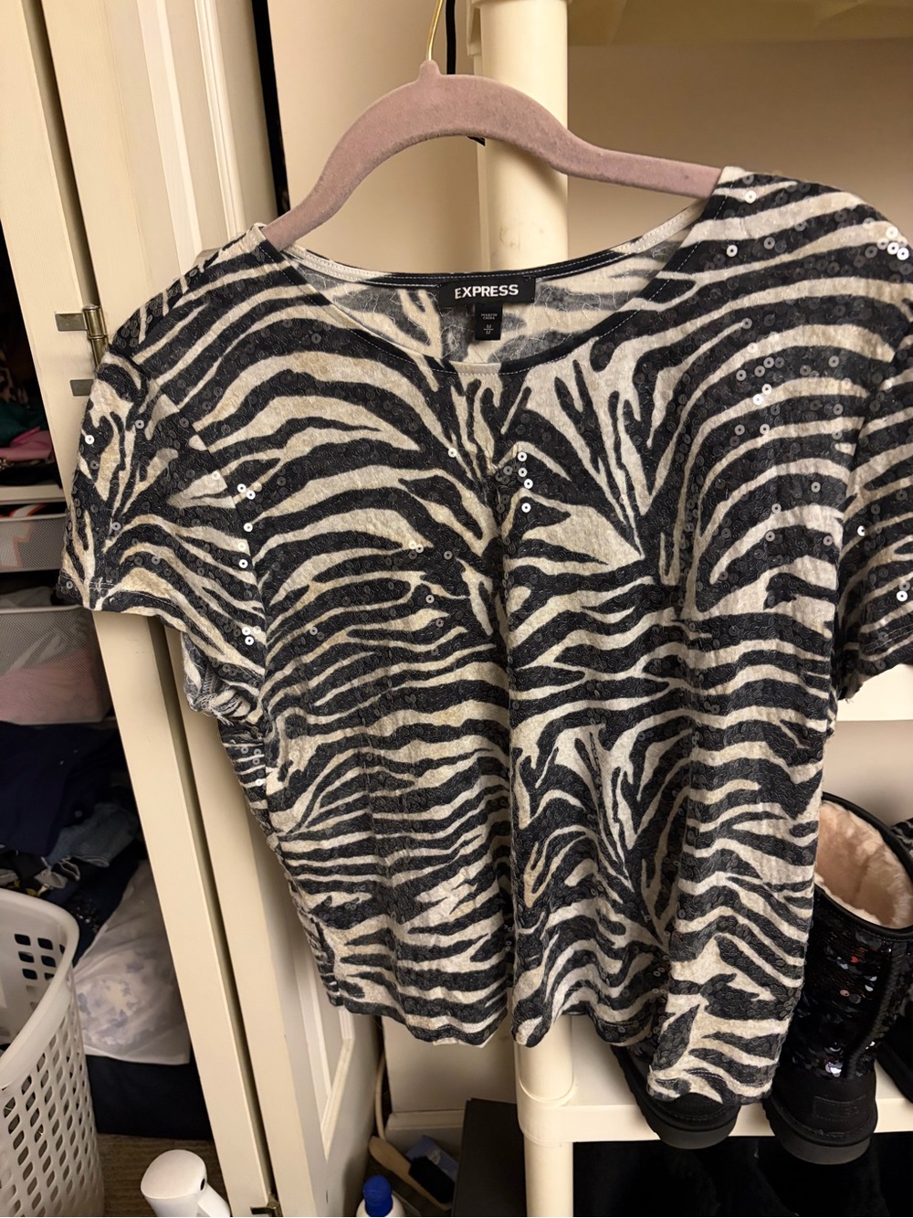 Express Black & White Zebra Sequin Short Sleeve Top